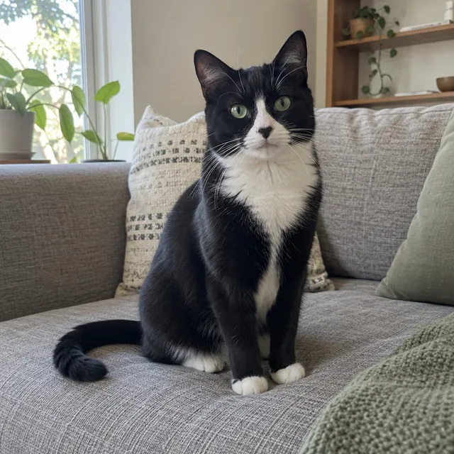 見本の写真：はちわれの黒ねこ
