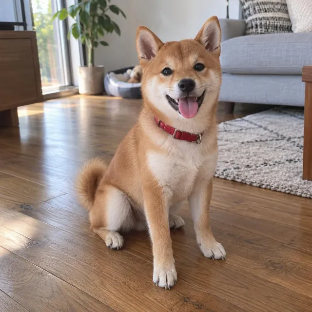 見本の写真：赤い首輪の柴犬